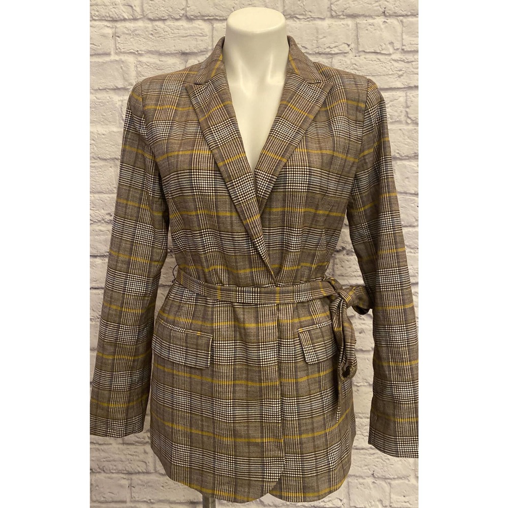 A New Day Size Medium Plaid Blazer Tie Waist Brown Plaid